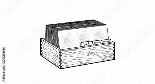 Wooden box filled with lined index cards, some marked 3x5