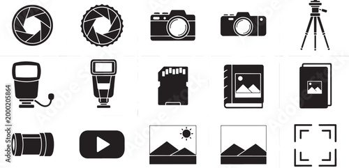 Collection of black including camera lens aperture tripod flash memory card