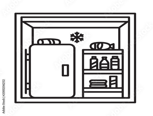 Cold room storage icon vector illustration with refrigerator and shelves