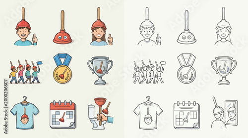 Collection of cartoon illustrations depicting various scenarios involving plungers, including people, awards, and daily life objects.