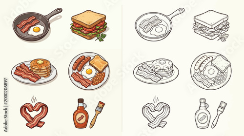 A collection of hand-drawn illustrations depicting various breakfast food items, including bacon, eggs, pancakes, sandwiches, and syrup, presented in both color and outline styles.