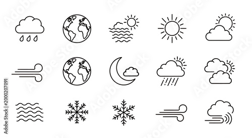 Collection of Weather and Climate Icon Set with Earth, Sun, Moon and Rain.