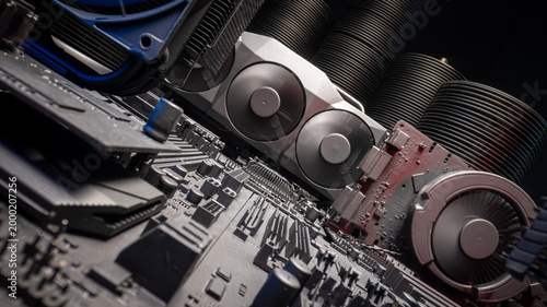 Working motherboards and graphic card (GPU) on board.