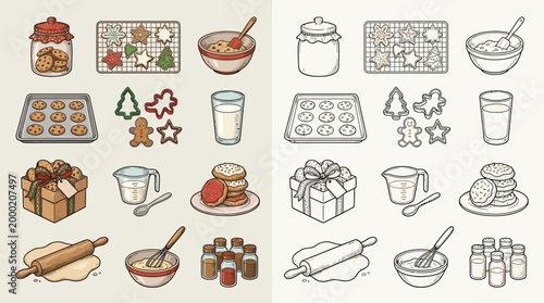 A collection of hand-drawn illustrations depicting the process of baking and decorating Christmas cookies, including ingredients, tools, and finished products.