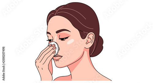 Illustration of a woman gently removing makeup with a cotton pad, featuring soft pastel colors and a serene expression on a white background