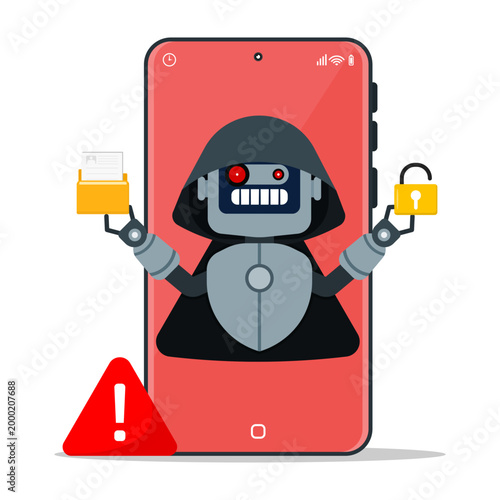 Evil robot hacker steals personal data from smartphone holding unlocked padlock and file folder with red warning alert for mobile security threat concept