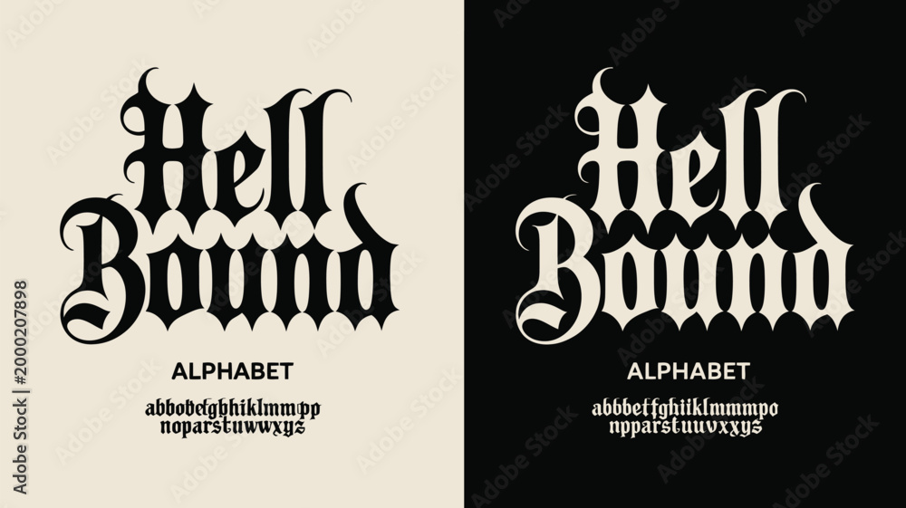 Φωτογραφία Gothic typography displaying the word hell bound in contrasting black and white