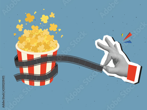 A hand pulls a film from a bucket with popcorn. Modern photo collage style. Vector illustration