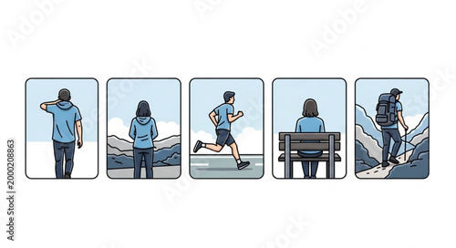 Diverse people engaged in outdoor recreational activities and contemplation.