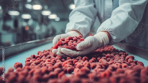 Close-up of gloved hands selecting ripe red raspberries from production line