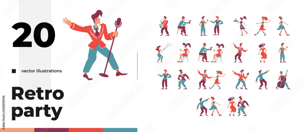 Fotografija Retro party dancing characters cartoon flat illustrations bundle
