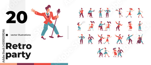 Retro party dancing characters cartoon flat illustrations bundle. Faceless dynamic people singing and celebrating with vintage outfits 2D images isolated on white. Collection vector drawings colorful
