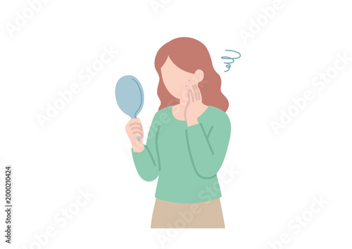 鏡を見て肌荒れやニキビに悩む女性のイラスト フラットデザイン ベクター