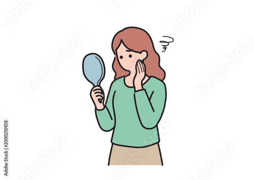 鏡を見て肌荒れやニキビに悩む女性のイラスト 線あり アウトライン ベクター