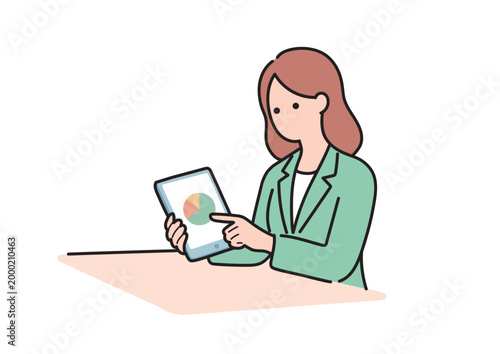 タブレットで円グラフを確認する女性のイラスト 線あり アウトライン ベクター