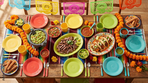 A vibrant and colorful table setting with an assortment of plates and bowls filled with various foods and decorations on a festive tablecloth
