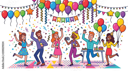 People Celebrating with Balloons and Confetti.