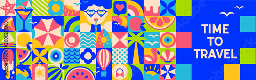 Time to travel, Summer geometric mosaic banner with abstract pattern, sea elements,