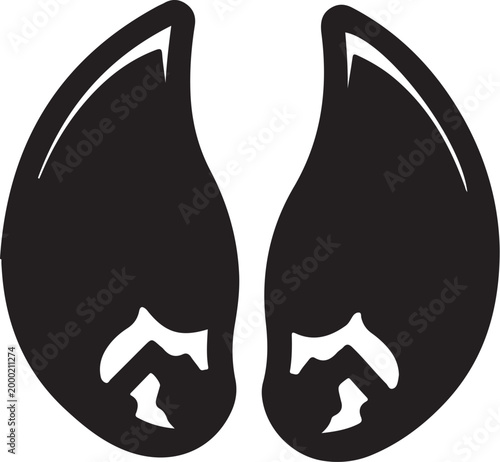 Black deer hoof print vector icon, cloven animal track silhouette, wild game hunting trail mark, isolated deer footprint graphic for outdoor design