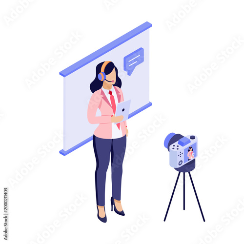 Isometric style illustration of a news anchor
