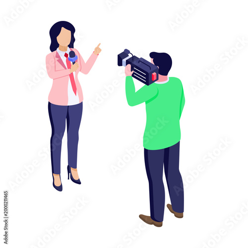 An isometric style illustration of a news anchor
