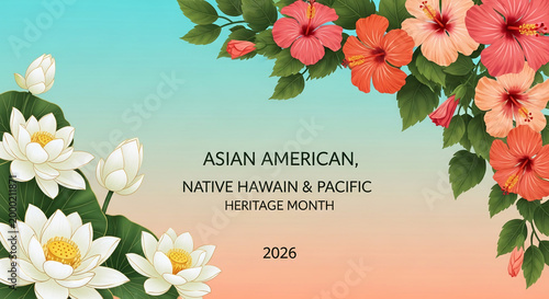 Stylized hibiscus and lotus flowers adorn a gradient background, symbolizing heritage and celebration, ideal for cultural events and announcements.