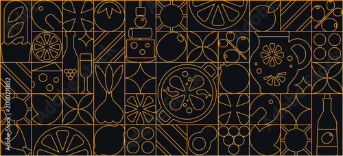Market banner and seamless pattern in art deco line art style, food and grocery symbols illustration