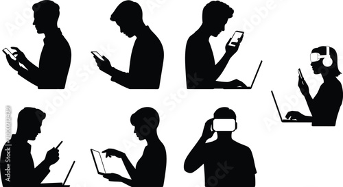Digital lifestyle silhouettes showing people using smartphones, tablets, laptops, and virtual reality headsets for modern technology interaction