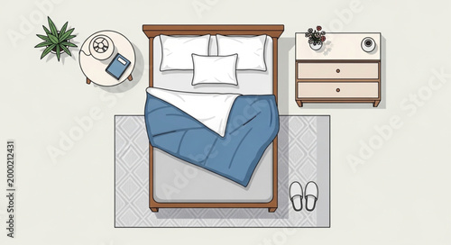 Cozy Bedroom Scene with Bed and Nightstand Top View.