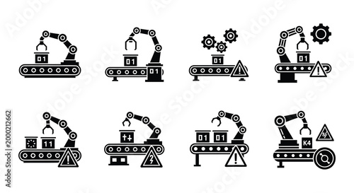 Flat vector robotic arms and conveyor belt icons set