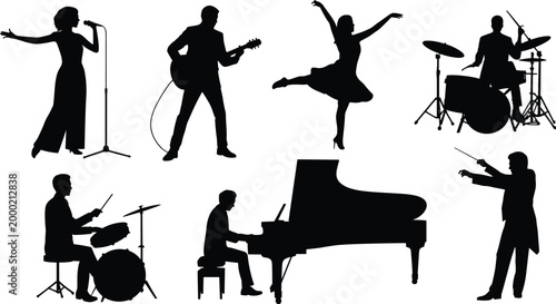 Musical performance silhouettes vector illustration showing singer, guitarist, dancer, drummers, pianist, and conductor representing art, music, and entertainment themes