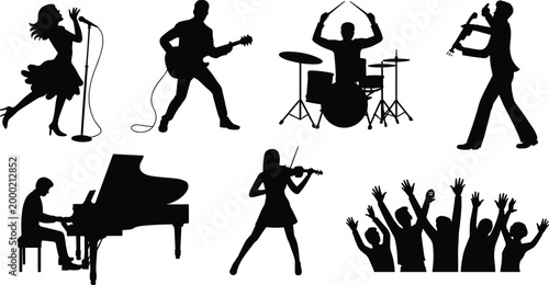 Musician silhouettes featuring singer, guitarist, drummer, saxophonist, pianist, violinist, and cheering audience for live concert design