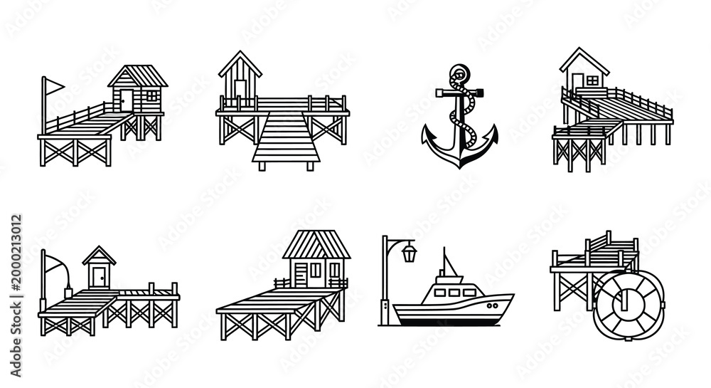 Fototapeta premium Beach and nautical icons set linear style black and white