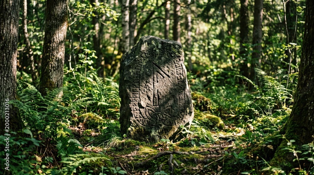 Fototapeta premium Rune stone standing in mossy forest with dappled sunlight
