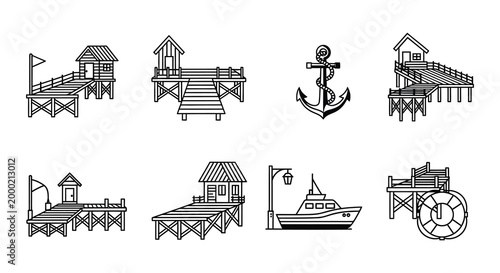 Beach and nautical icons set linear style black and white