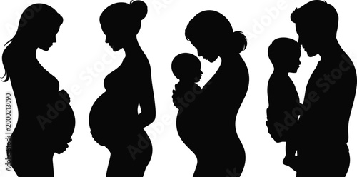 Pregnancy silhouettes and parenthood vector illustration showing stages of family life, maternity, baby care, nurturing child, parenting concept design