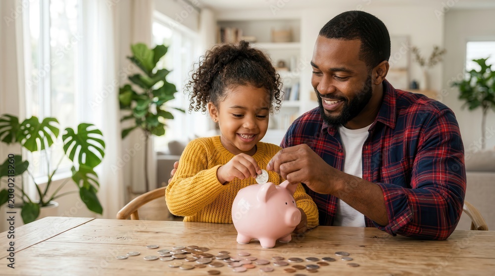 Fototapeta premium Happy father teaching his daughter about saving money with a pink piggy bank.