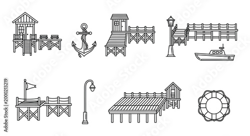 Beach and nautical icons set linear style black and white