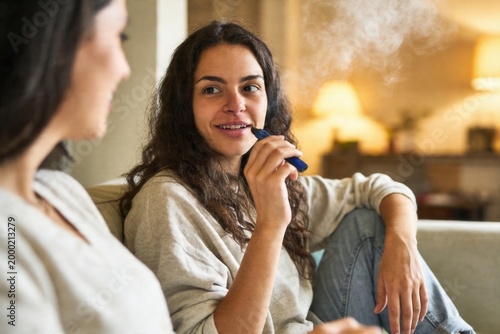Tableau sur toile Woman using a vape pen, exhaling smoke while relaxing and talking with friend
