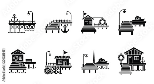 Beach and nautical icons set linear style black and white
