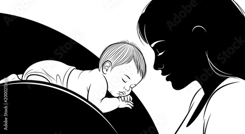 mother silhouette white black family love intimate baby sleep