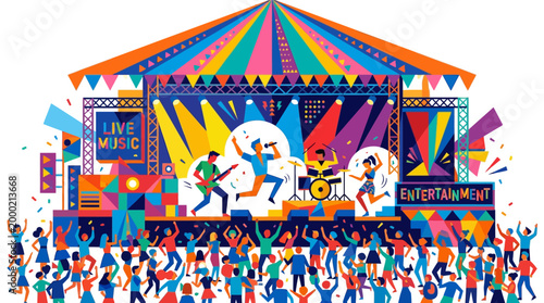 People dancing at colorful music festival.