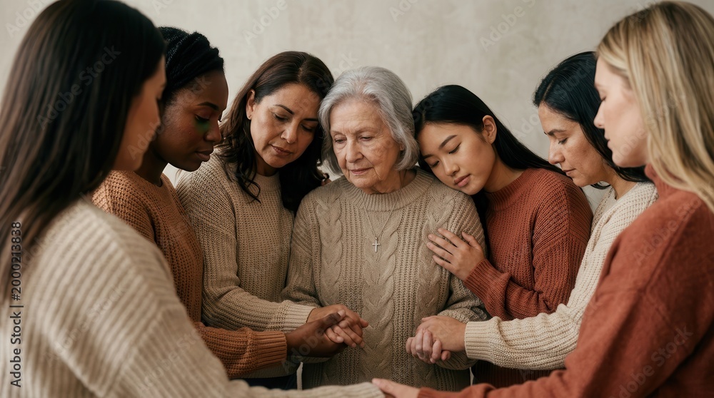 Fototapeta premium Multi-generational women forming a circle of support around an older woman.