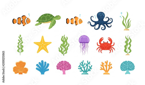 Flat design marine animal icons collection vector set with turtle corals algae and fish