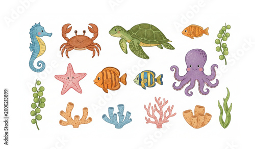 Whimsical hand drawn vector illustration of aquarium and marine animals including fish and corals