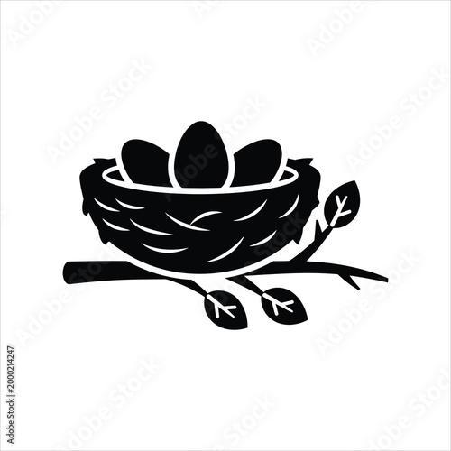 Bird nest with eggs on a branch during spring Vector Illustration