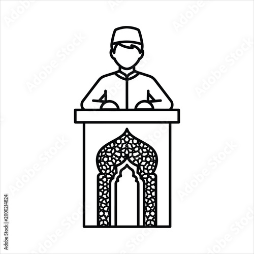 Man wearing Kufi speaking from podium with Islamic arch design Isolated on white background
