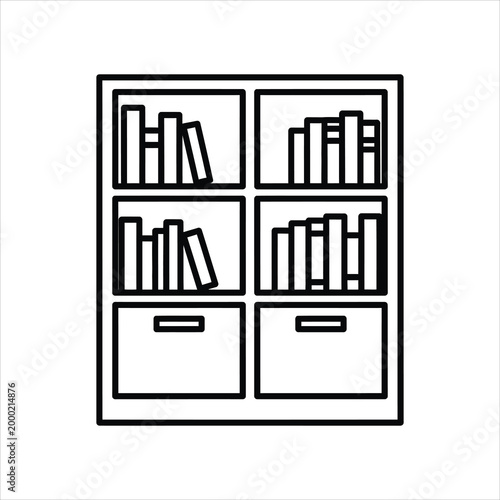 Outline of a bookshelf with books and drawers in a simple line drawing style isolated on white background