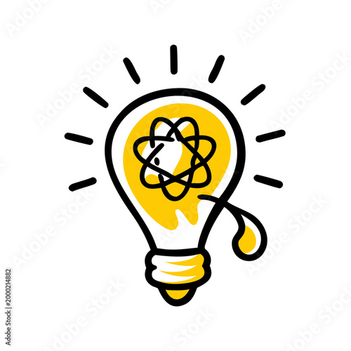 Doodle style light bulb with atom inside symbolizing scientific innovation and genius.