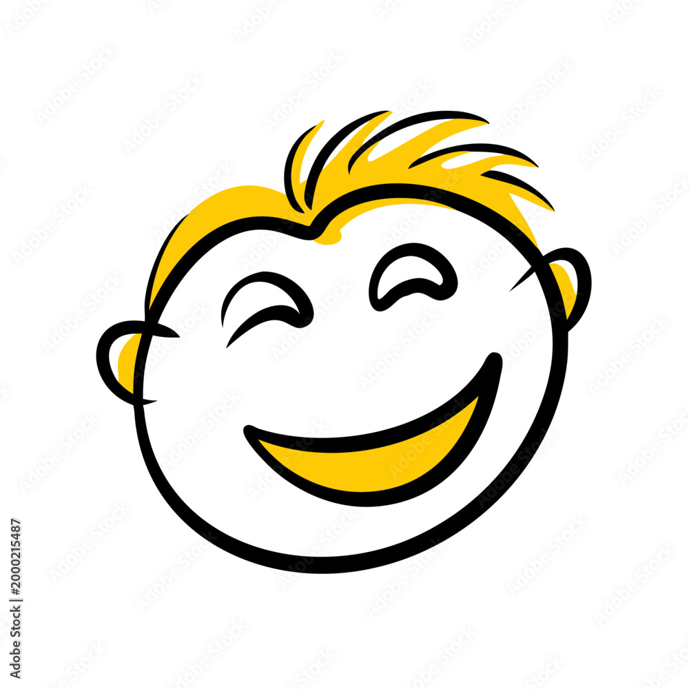 Fototapeta premium Smiling boy face with closed eyes and yellow hair vector icon on transparent background.